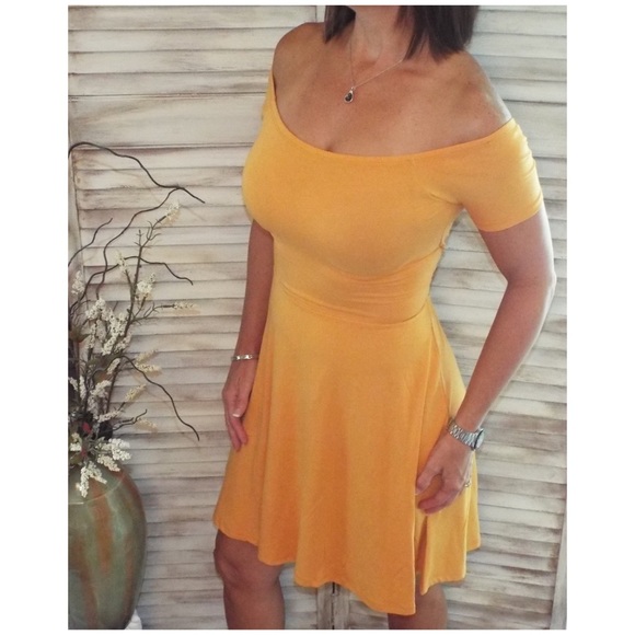 Off Shoulder Cross Back A-Line Dress Yellow S/M/L - Picture 3 of 6